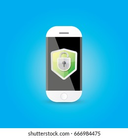 Mobile security app screen with shield and lock on smartphone .  Safety of personal information and individual correspondence in messengers concept vector illustration