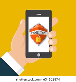  Mobile security app. User touch screen. Flat vector illustration. Hand holds a mobile phone.