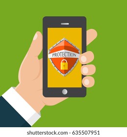  Mobile security app. User touch screen. Flat vector illustration. Hand holds a mobile phone.