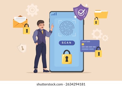 Mobile Security and Biometric Authentication: Businessman Scanning Fingerprint on Smartphone for Secure Access to Credit Card and Digital Data.