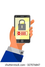 Mobile Security concept: Access Denied on smartphone. Hand holding smartphone with word Access Denied and lock icon on display