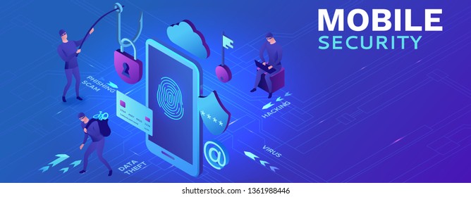 Mobile security concept, data protection, cyber crime, 3d isometric vector illustration, fingerprint, phishing scam, information protection,  smartphone safety and security