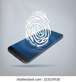 Mobile Security Concept. Fingerprint on top of smartphone. Layered file for easy customization. Fully scalable vector illustration.