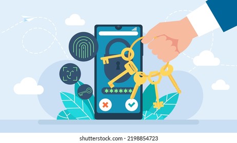 Mobile security concept. Secure connection, privacy and protection. Man hold security bunch of keys to open padlock and get access to hack privacy, activities and history of data. Vector illustration