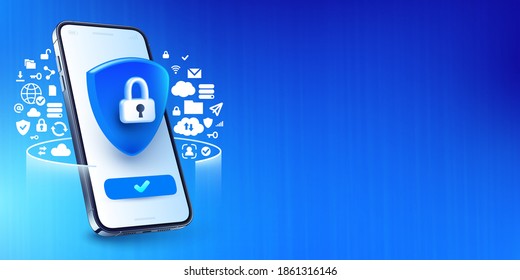 Mobile security concept. Secure internet connection, smart phone privacy and VPN connect protection vector illustration