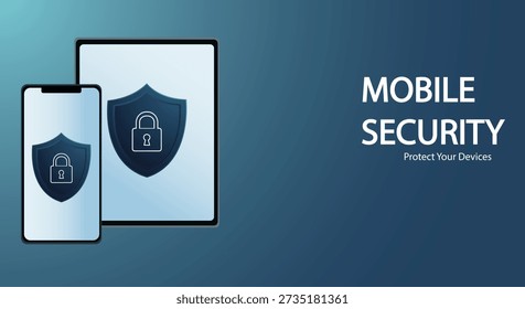 Mobile security concept with shield and lock icon on smartphone and tablet screens