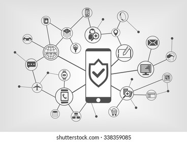 Mobile security concept for smart phones. Vector illustration background with connected IT symbols