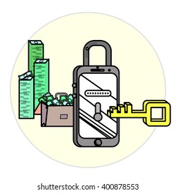 Mobile security concept for smart phones. Vector illustration background with connected IT symbols