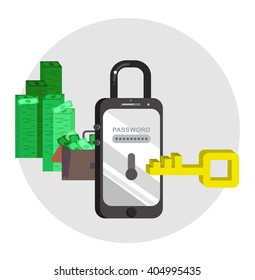 Mobile security concept for smart phones. Vector illustration background with connected IT symbols
