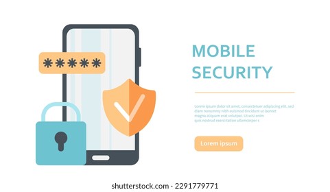Mobile security concept. Smartphone with password and shield. Account or profile access, verification and authentication. Security of personal data and information. Cartoon flat vector illustration
