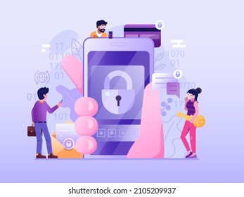 Mobile security and cyber protection services concept for website and mobile applications. Online safety management illustration for internet and apps in gradient flat design. Firewall set up scene.