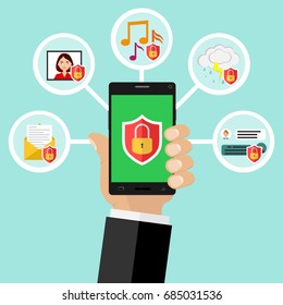 Mobile security, data protection concept. Security correspondence, security of photos. Flat design, vector illustration, vector.