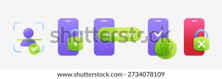 Mobile Security and Data Protection Icon Set. Smartphone Safety and Privacy Vector 3D Icons
