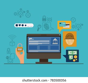 mobile security with desktop computer and secure apps in aquamarine color background