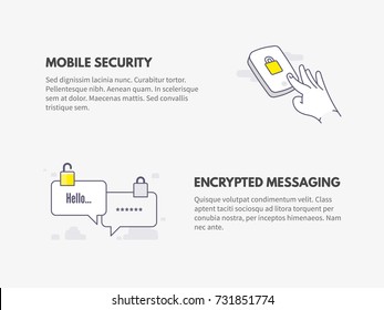 Mobile security and Encrypted messaging. Cyber security concept. Vector thin line illustration design.