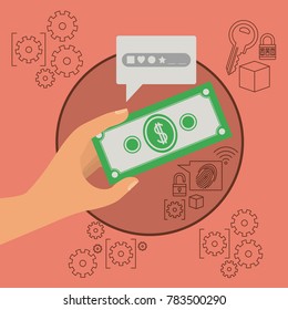 mobile security with hand holding bill in salmon color background