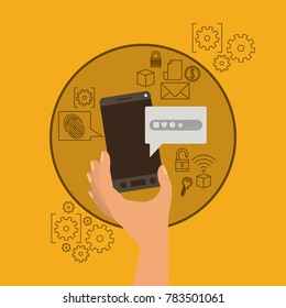 mobile security with hand holding smartphone in yellow background