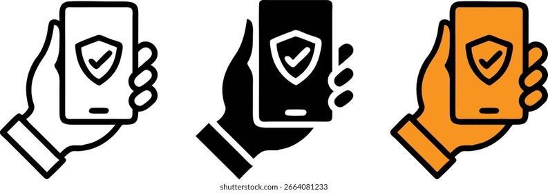Seguridad móvil Hand Shield Icon Set Vector de Smartphone Seguro Negro Blanco Naranja
