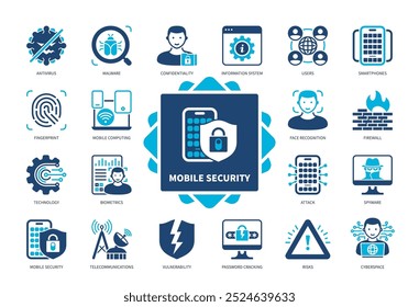 Mobile Security icon set. Antivirus, Malware, Attack, Mobile Computing, Vulnerability, Spyware, Smartphones, Face Recognition. Duotone color solid icons