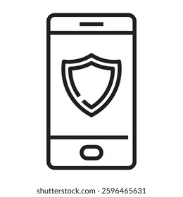Mobile security icon, smartphone data protection and cybersecurity symbol, black and white vector illustration isolated on white background.