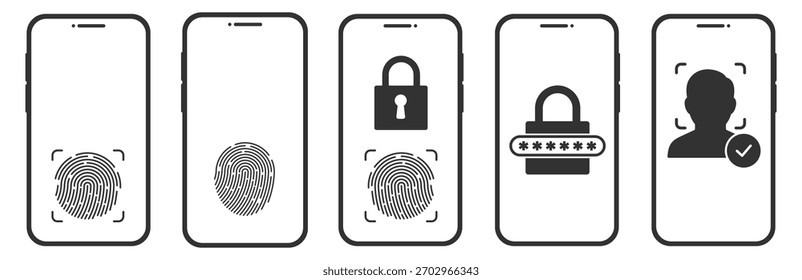 Conjunto de iconos de seguridad móvil. Símbolos biométricos de la protección de la huella dactilar y de la identificación de la cara en fondo transparente