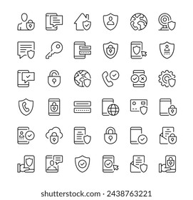 Mobile security icons set. Vector line icons. Black outline stroke symbols