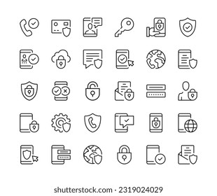 Mobile security icons. Vector line icons set. Smartphone protection, mobile phone safety, secure app, data security concepts. Black outline stroke symbols