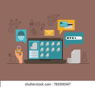 mobile security with laptop computer and secure apps in brown color background