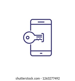 Mobile security line icon. Illustration of mobile phone screen with keyhole and key on white background. Security concept. Vector illustration can be used for topics like technology, computer system