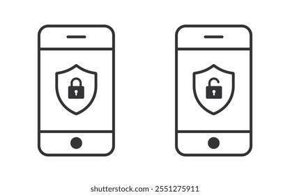 Icono de línea de seguridad móvil aislado sobre fondo blanco, bloqueo de teléfono inteligente y desbloquear pictograma de diseño plano. Elemento de icono para aplicación y Web. Ilustración vectorial.