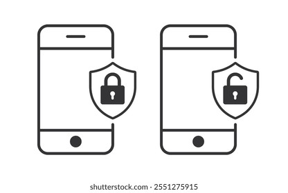 Icono de línea de seguridad móvil aislado sobre fondo blanco, bloqueo de teléfono inteligente y desbloquear pictograma de diseño plano. Elemento de icono para aplicación y Web. Ilustración vectorial.