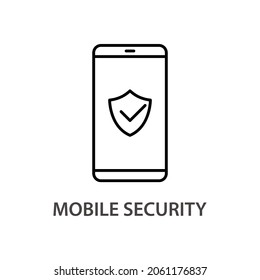 Mobile security linear icon. Illustration of protection of personal information. Outline simple vector of smartphone with protective shield. Contour isolated pictogram on white background