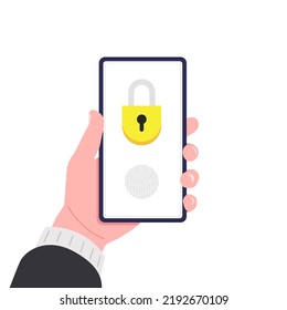 Mobile security. Male hand holding smartphone with lock screen. Vector illustration.
