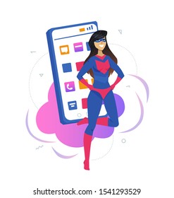 Mobile Security Metaphor Flat Design Style Vector Illustration. Smiling Young Woman In Superhero Costume Cartoon Character. Smartphone Protection, Antivirus App. Phone Safety Assurance, Cybersecurity