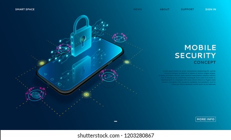 Mobile Security Modern Concept. Smart App Protects Smart Phone From Thefts And Hacker Attacks. Internet Of Things Technology Of Automatic Protection. Vector Illustration.
