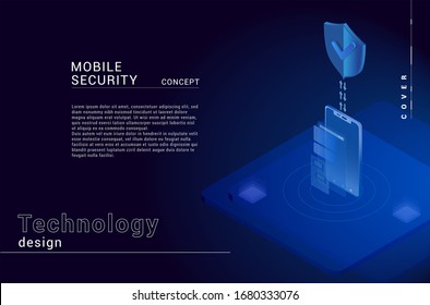 Mobile security modern concept. Smart app protects smart phone from thefts and hacker attacks. Internet of things technology of automatic protection. Vector illustration.