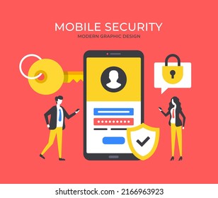 Seguridad móvil. Personas y formulario móvil con formulario de inicio de sesión. Conceptos de protección móvil. Conjunto de elementos gráficos modernos. Ilustración del vector