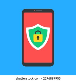 Mobile security. Mobile phone and shield with lock. Secure mobile app, smartphone data protection. Vector illustration