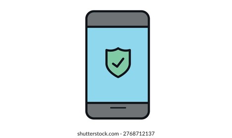 Mobile security and protection icon: smartphone with green shield on screen, soft colors flat fill and black line vector illustration.