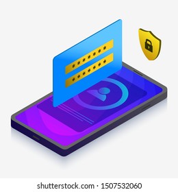 Mobile Security Protection Personal Data Technology concept. Isometric vector illustration with smart phone, digital password padlock access and safety web network icon. Mobile data protection, user a