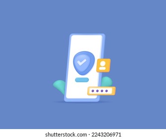 Mobile Security and Protection System. user or account privacy. software or mobile anti-virus applications. symbol of smartphone, shield, password, check mark. illustration concept 3d and realistic