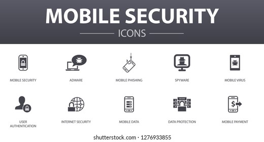 mobile security simple concept icons set. Contains such icons as mobile phishing, spyware, internet security, data protection and more, can be used for web, logo, UI/UX