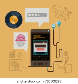 mobile security with smartphone with earphones and secure music app fingerprint in wheat color background