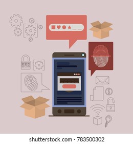 mobile security with smartphone with key lock and fingerprint in lavender background