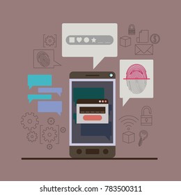 mobile security with smartphone with key lock and fingerprint in thistle color background