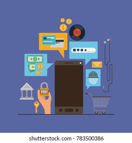 mobile security with smartphone and secure apps in violet color background