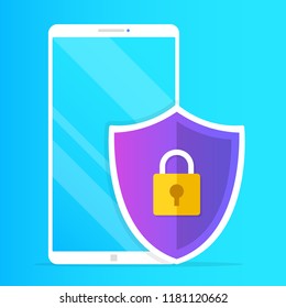 Mobile security. Smartphone and shield with lock icon. Personal data protection, encrypted information, privacy, antivirus, secure authentication concepts. Modern vector illustration