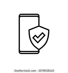 Mobile Sicherheit, Smartphone mit Schild dünnen Linie Symbol. Moderne Vektorgrafik.