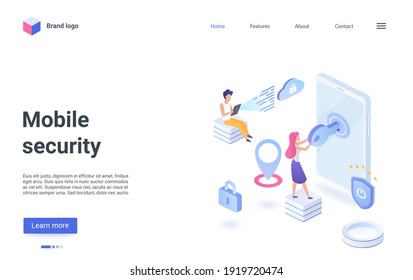 Mobile security technology isometric vector illustration. Cartoon user people standing with key near smartphone, using secure cyber network service for privacy data information protection landing page