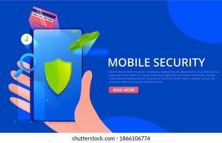 Banner vectorial de seguridad móvil. Teléfono en mano. Protector verde en la pantalla con dinero e iconos de tarjetas. Concepto de seguridad